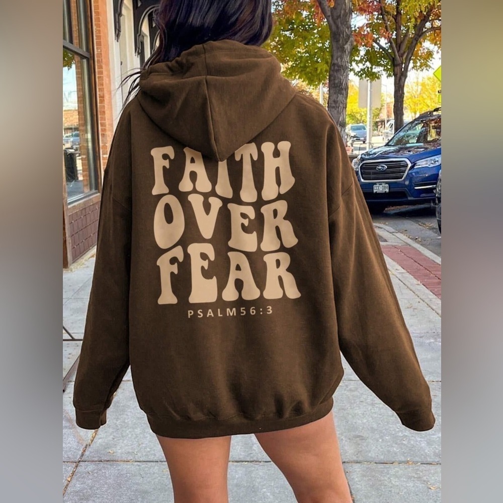 FAITH OVER FEAR
 graphic hoodie brown christian bible verse